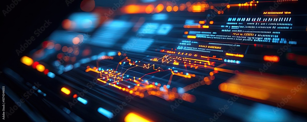 Poster Futuristic digital interface with glowing lines and data visualization elements.