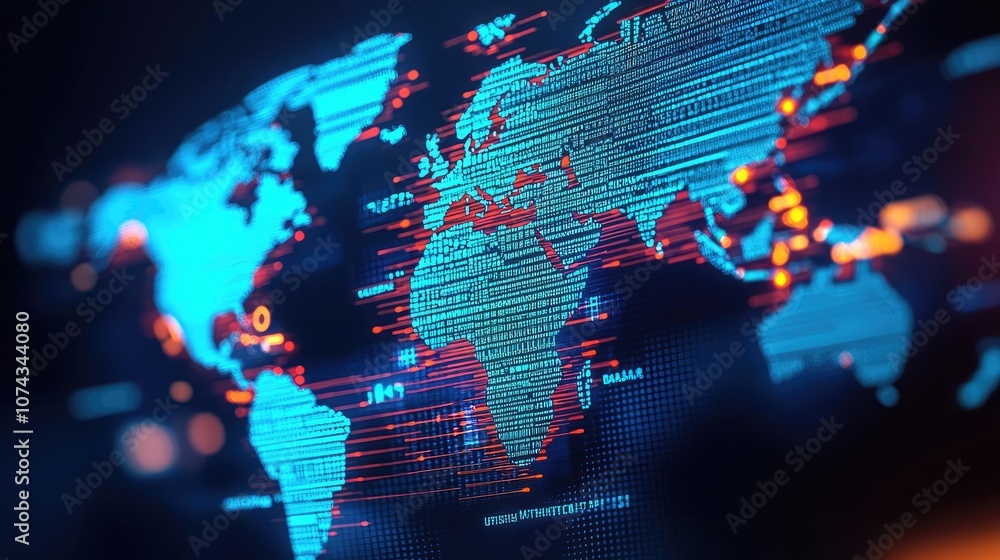 Poster global digital world map with glowing network connections in vibrant colors.