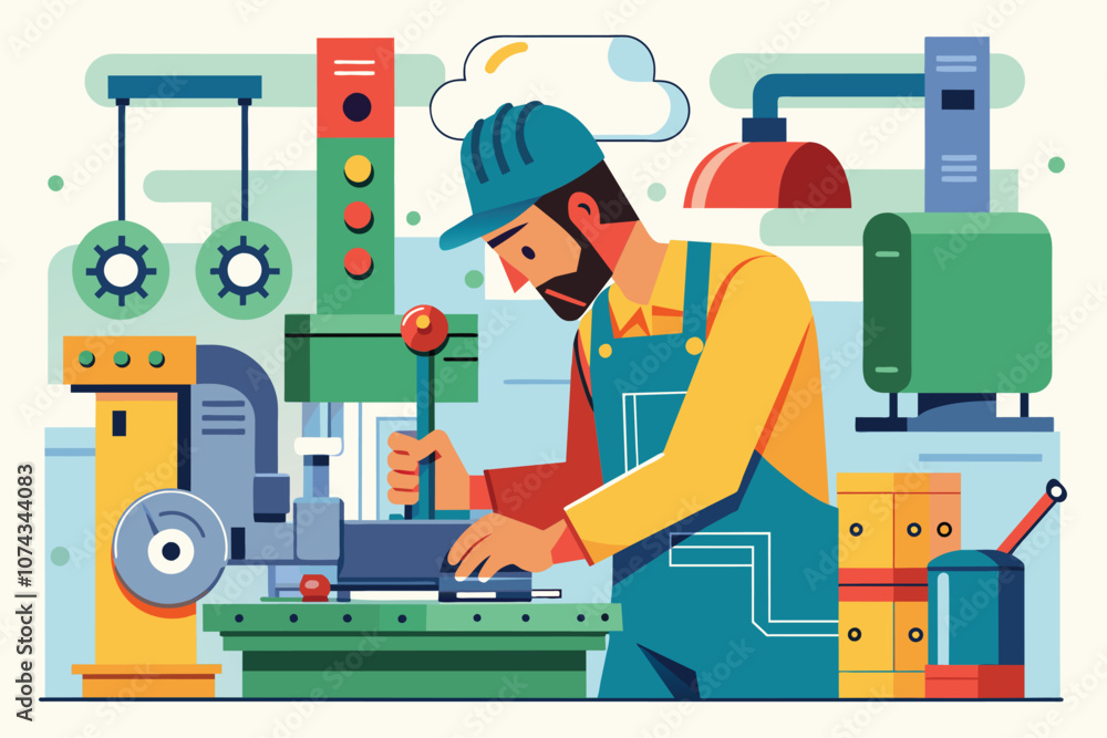 Poster a worker is focused on fixing a machine in a busy factory environment filled with equipment, factory
