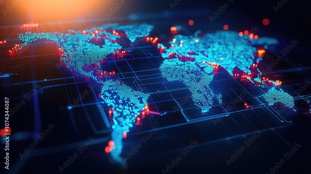 Poster Digital world map with blue and red data points on dark background.