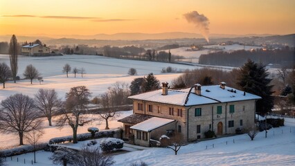 Snow-covered countryside house at sunset with warm pastel tones