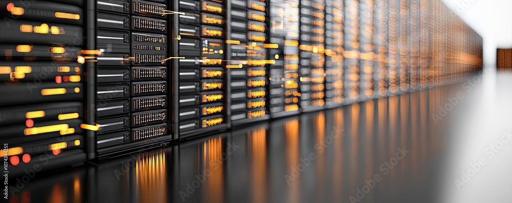 Poster High-tech server array with glowing lights, modern data center.