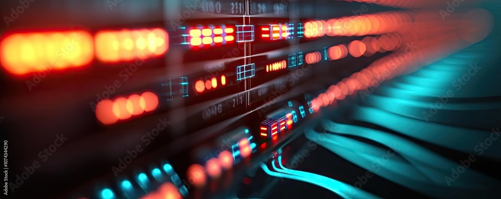 Poster data center server lights glowing in a dark environment, focusing on network cables.