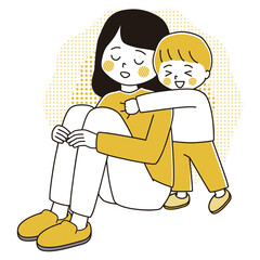 三角座りの女性に抱き着く男の子のイラスト