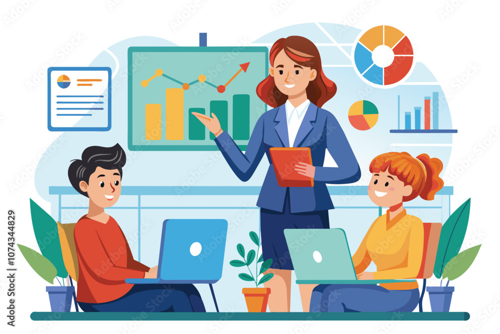 Poster a manager guides workers in understanding statistics using visual aids and laptops in a collaborativ