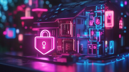 Neon House with Lock Symbol in Digital Space