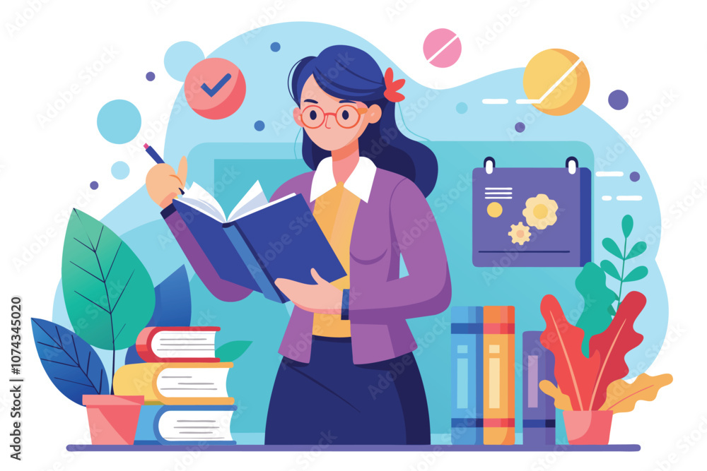 Poster a teacher focuses on a book while guiding students through a tutorial in a vibrant classroom, female