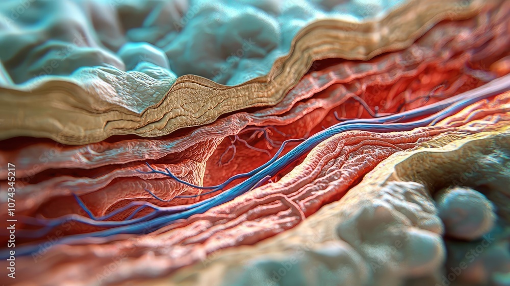 Poster close-up view of layered biological tissues, showcasing textures and colors.