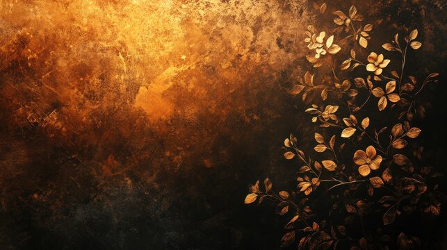 Patterned background with delicate floral motifs in gold on a dark background, creating a luxurious and vintage feel