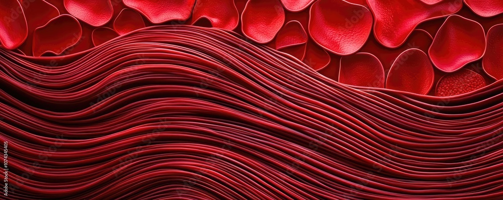 Poster Abstract red wave pattern with smooth lines and petals, white isolated background.