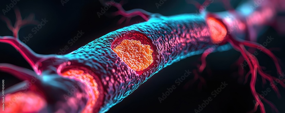 Poster colorful neuron structure on a black background, highlighting synaptic connections.