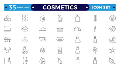 Cosmetics Outline icons set. Moisture cream, acid, anti-wrinkle serum, ceramide, collagen, retinol compound, sunscreen vector illustration. Editable stroke outline icon.