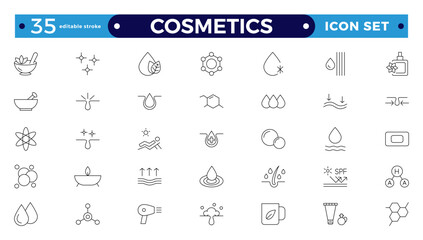 Cosmetics Outline icons set. Moisture cream, acid, anti-wrinkle serum, ceramide, collagen, retinol compound, sunscreen vector illustration. Editable stroke outline icon.