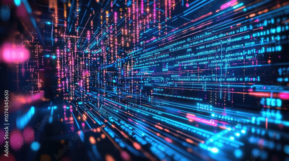 Aufkleber abstract digital lines and data flow in vivid colors on a dark background