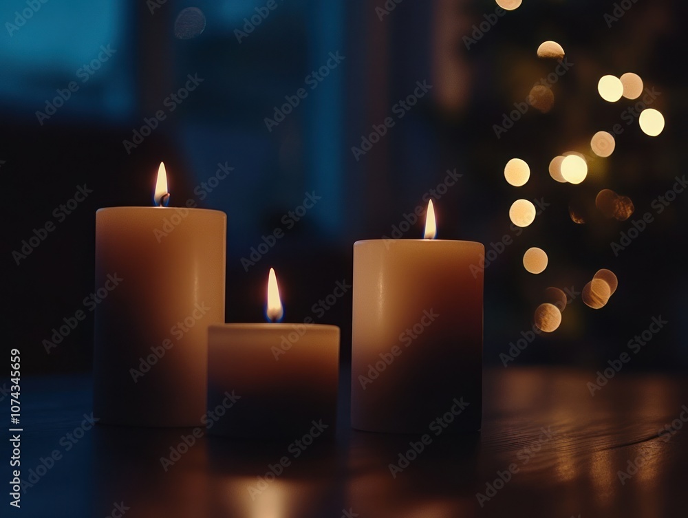 Poster three lit candles on a table with a blurred background of soft lights.