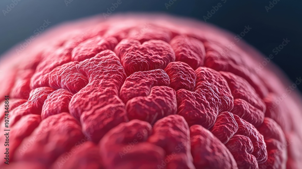 Poster detailed close-up of textured red brain surface on dark background.