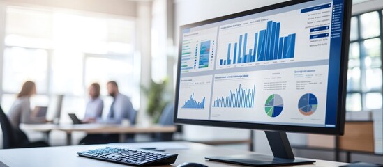 Fototapeta premium A computer screen displaying data visualizations and analytics in a modern office setting.
