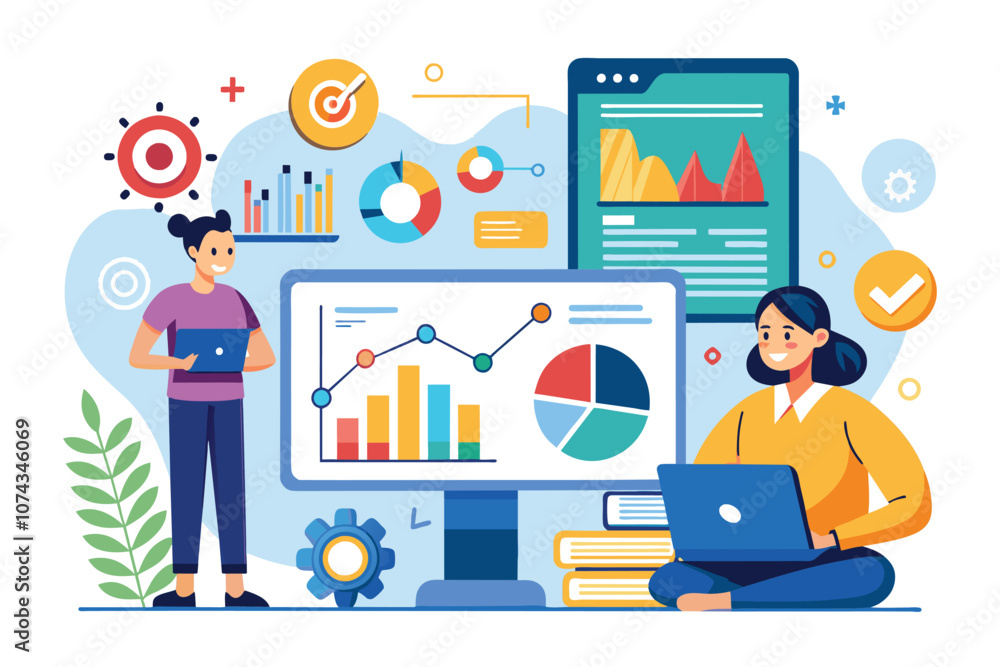 Poster two professionals analyze statistical data on company performance using digital tools, find and anal