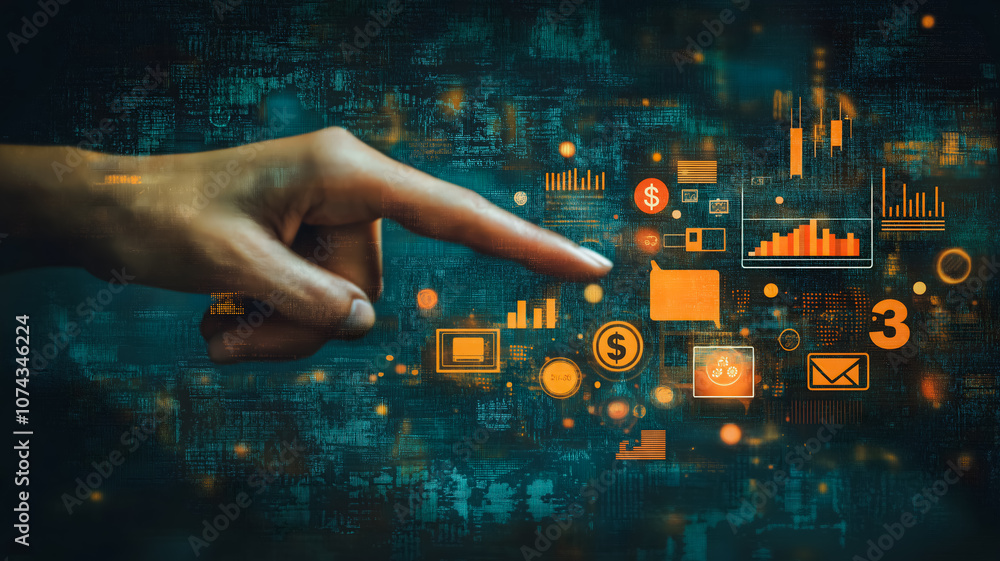 Poster a hand pointing at a computer screen with a lot of numbers and symbols. concept of technology and da