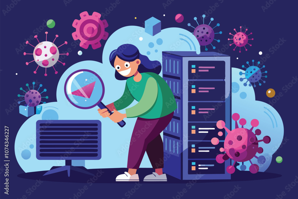 Poster a researcher uses a magnifying glass to find viruses in data storage while colorful viruses surround