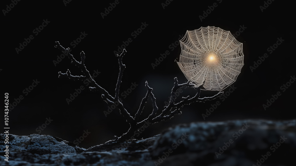 Poster a tree branch with a spider web on it. the spider web is illuminated by a light. the image has a moo
