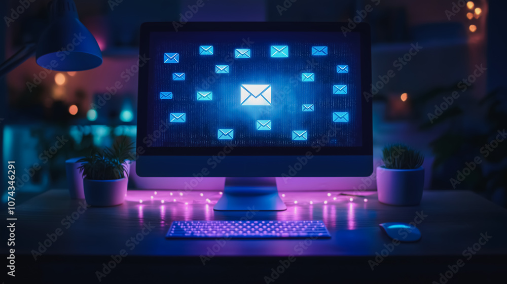 Poster a computer monitor displays a large number of emails, with a bright blue envelope in the center. con