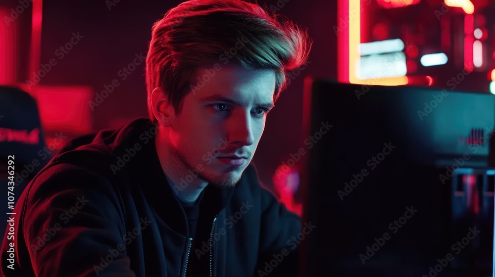Poster a focused individual engaged in gaming at a computer setup with vibrant lighting.