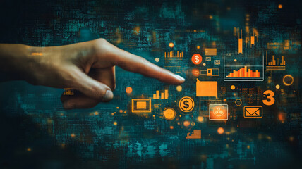 A hand pointing at a computer screen with a lot of numbers and symbols. Concept of technology and data analysis