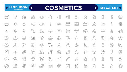 Cosmetics Outline icons set. Moisture cream, acid, anti-wrinkle serum, ceramide, collagen, retinol compound, sunscreen vector illustration. Editable stroke outline icon.