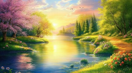 Obraz premium Tranquil Sunrise Over Serene Lakeside Landscape