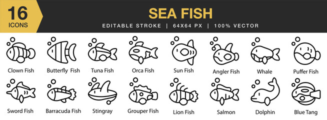 Sea Fish icon set. Editable Stroke Icon Collection. Includes angler, barracuda, blue tang, clown fish, dolphin, and More. Outline icons vector collection.
