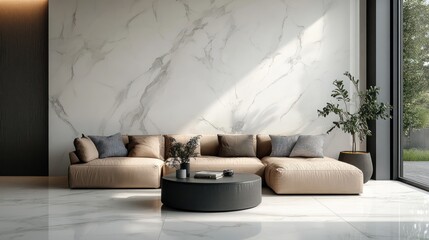 Textured background with marble effect in white and grey veining, creating a sophisticated and luxurious ambiance