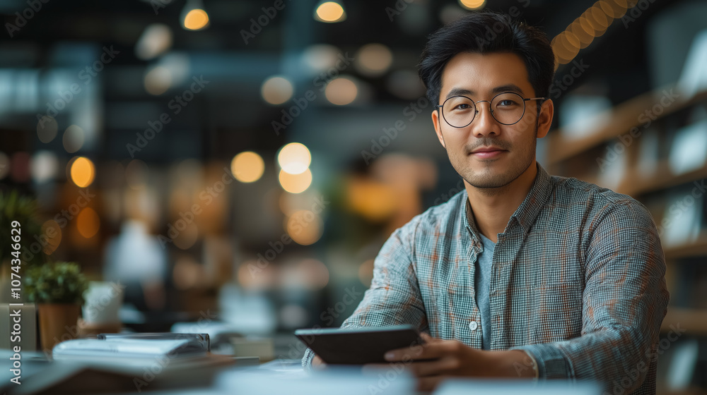 Poster a man wearing glasses is sitting at a table with a tablet in his hand. he is smiling and he is enjoy
