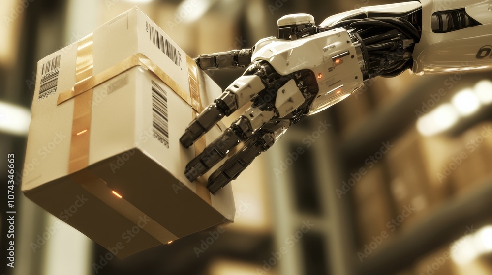 Poster close-up of robot gripping package in logistics setup
