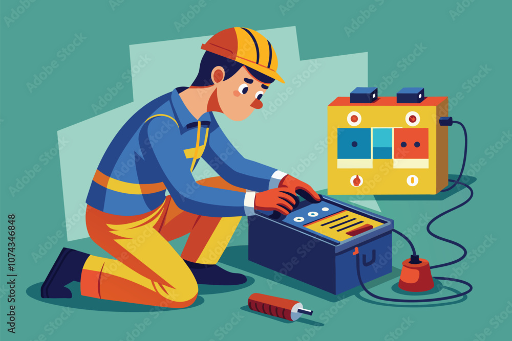 Poster a technician is troubleshooting and fixing a broken battery charger on the floor using tools, fixing