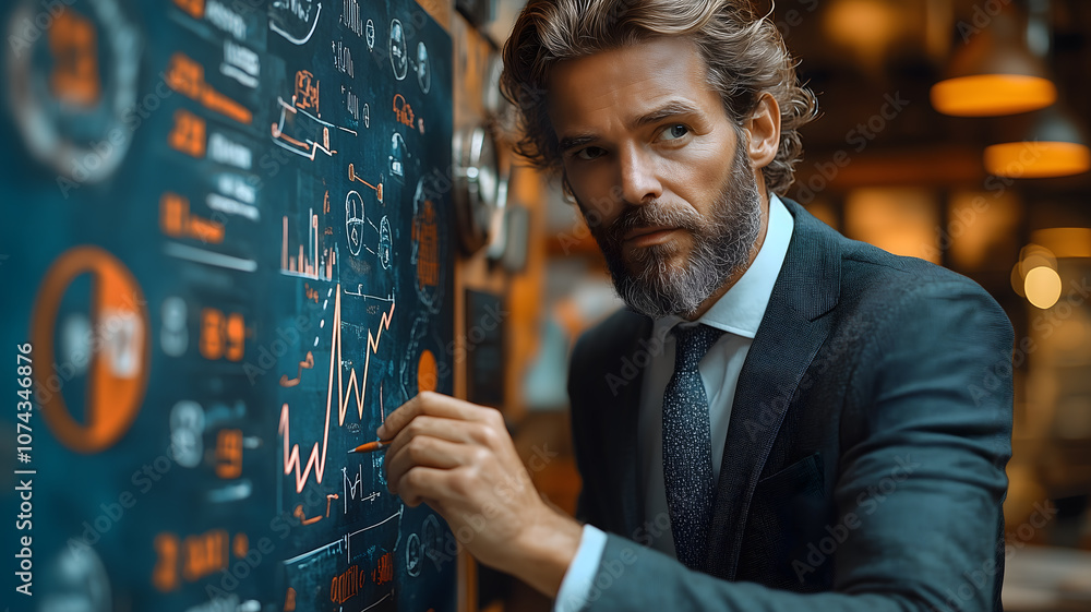 Poster a man in a suit is drawing on a large board with a pen. the board is filled with graphs and numbers,
