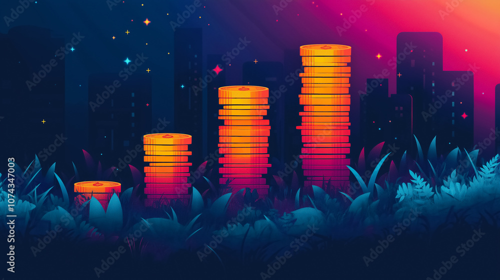 Poster a stack of coins is shown in a cityscape. the coins are stacked in a pyramid shape, with the bottom 