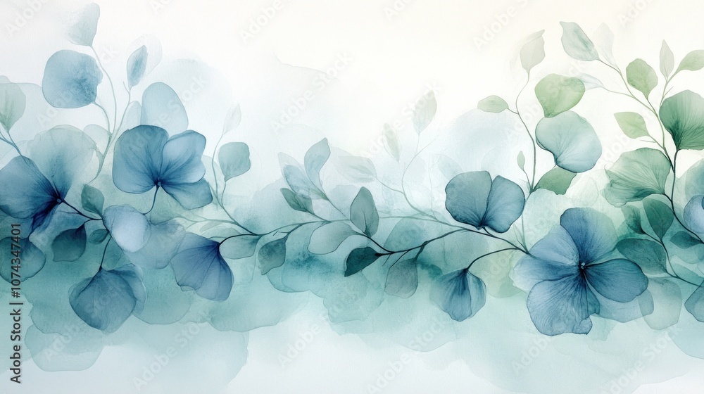 Poster translucent background with faint watercolor strokes in soft blues and greens, creating a light and 