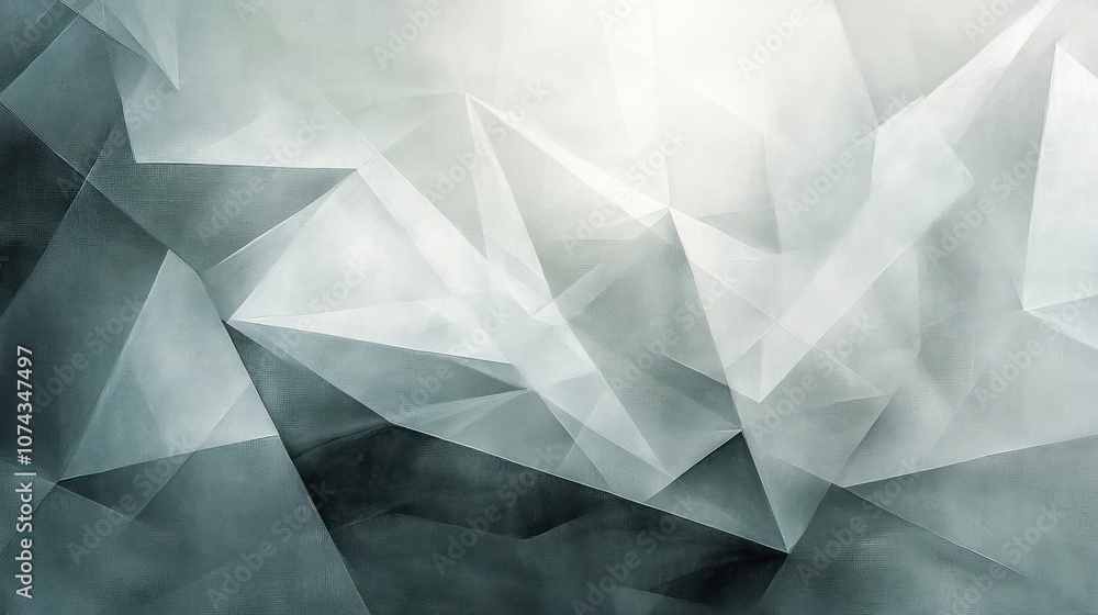 Poster translucent background with layered geometric shapes in light greys and whites, providing a subtle a