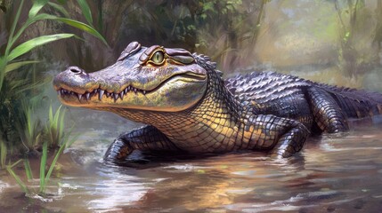 Fototapeta premium Cunning Caiman Lurking Near Waters Edge