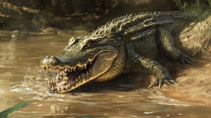 Naklejka premium Cunning Caiman Lurking Near Water's Edge