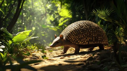 Curious Armadillo Crossing a Path in Forest