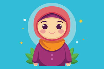 Naklejka premium A happy Muslim girl in a hijab smiles warmly, surrounded by vibrant colors and leaves, radiating joy, Flat illustration of a happy Muslim girl in a simple cartoon style.