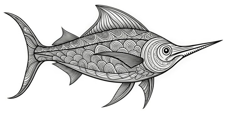 black and white swordfish, patterned, swimming clip art preview