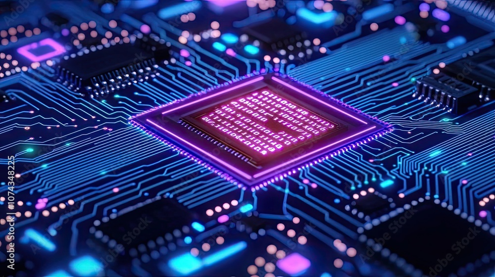 Poster microchip circuitry with glowing neon accents, white isolate background.