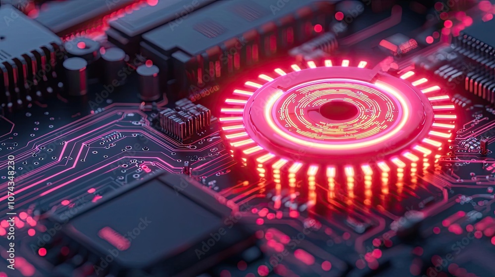 Poster close-up view of a vibrant illuminated circuit board with intricate details.