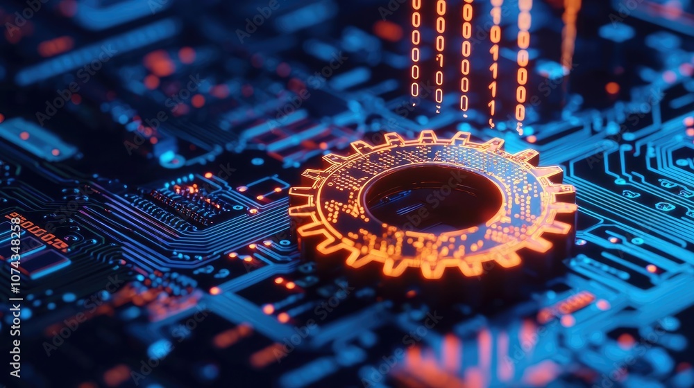 Poster Close-up of a glowing gear on a circuit board with binary code elements.