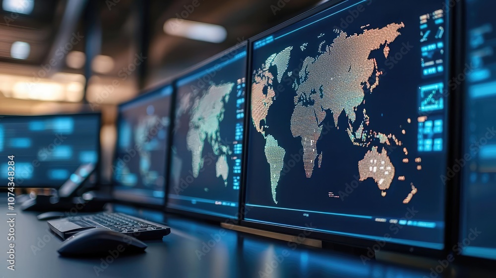 Aufkleber Modern control room with multiple screens displaying world maps and data.