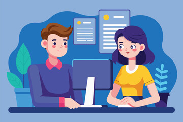 A man and woman discuss their ideas while collaborating at a desk, surrounded by plants and a computer, Flat illustration of a man and woman looking at a computer screen.