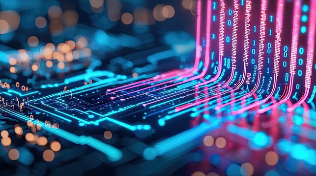Colorful circuit board with glowing lines and binary code, illuminated background.